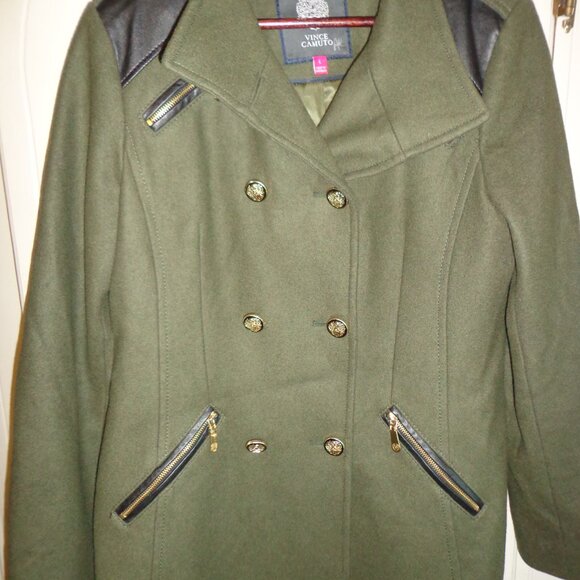 NWOT VINCE COMUTO Military-Style Wool Pea Coat W's L Army Green Gold Buttons - Picture 10 of 16